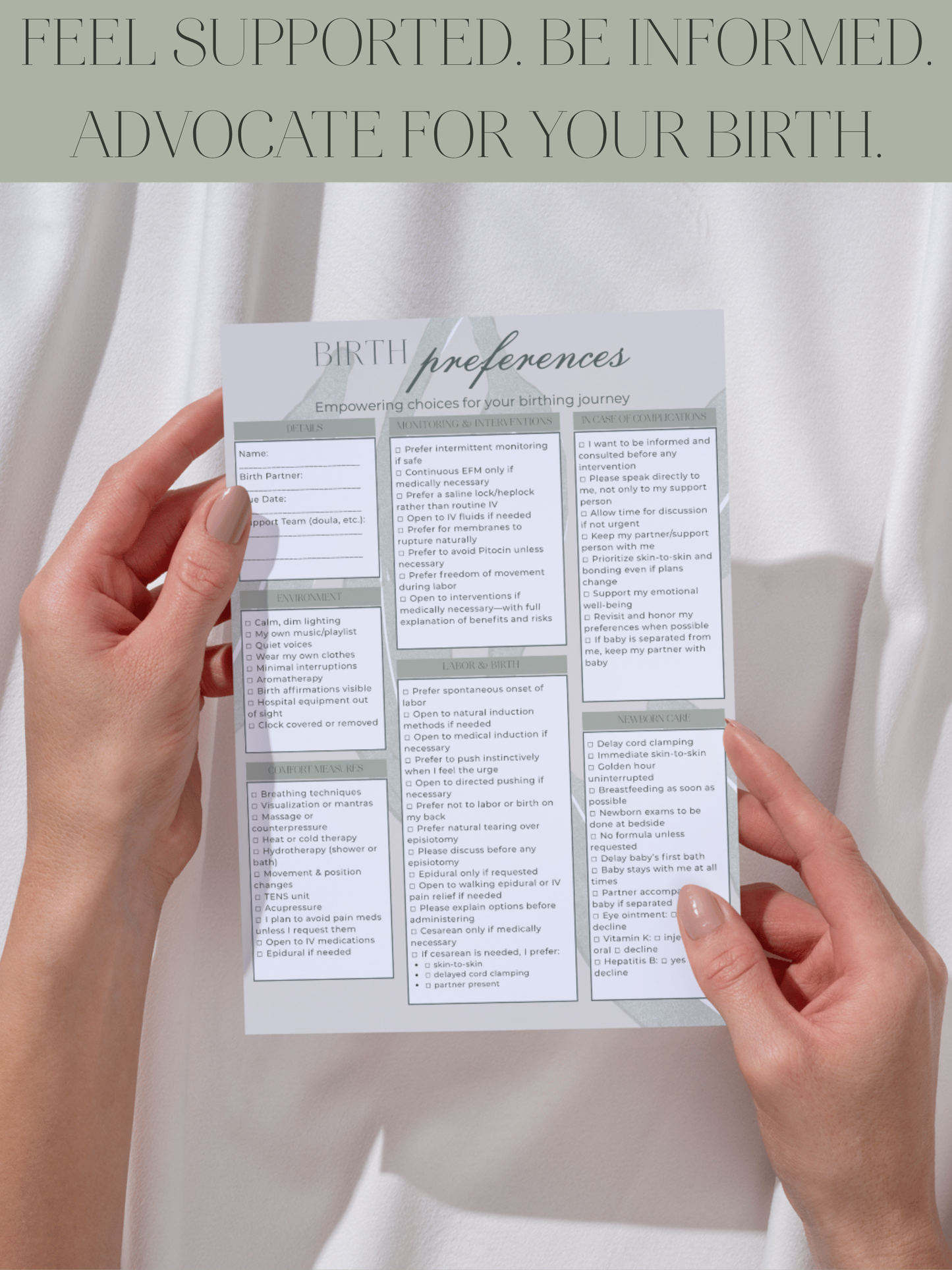 One-Page Birth Plan & Preferences Template (Digital PDF)