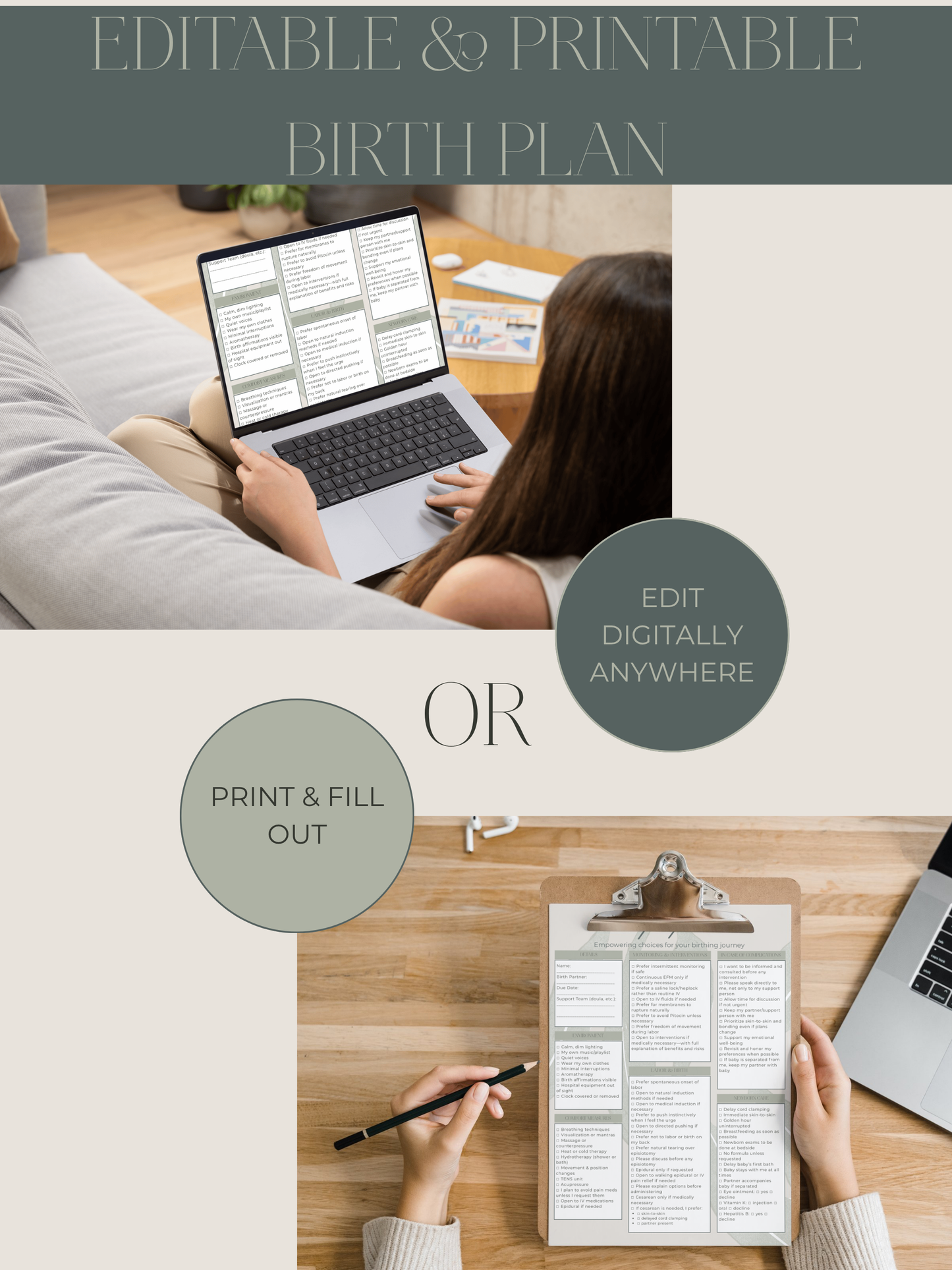 One-Page Birth Plan & Preferences Template (Digital PDF)