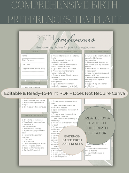 One-Page Birth Plan & Preferences Template (Digital PDF)